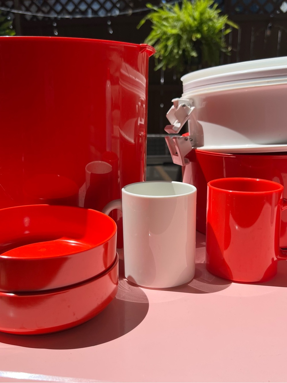 Vintage 1960’s Red Ingrid Stackable Cooler w/ 2 plates, bowls, mugs - Rare